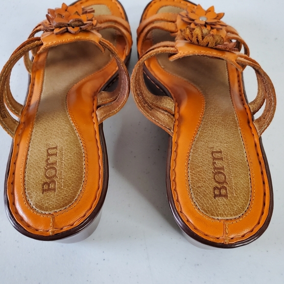Born Leather Platform Sandals Size 9 Flower Applique Strappy Wedge Slides Orange - Picture 9 of 15